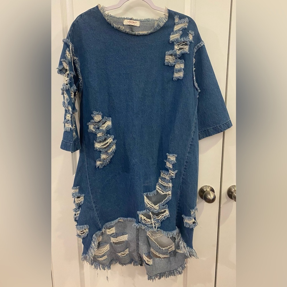 Vibrant M.i.u. Denim Distressed Dress Sz L Made In USA 3/4 Sleeves